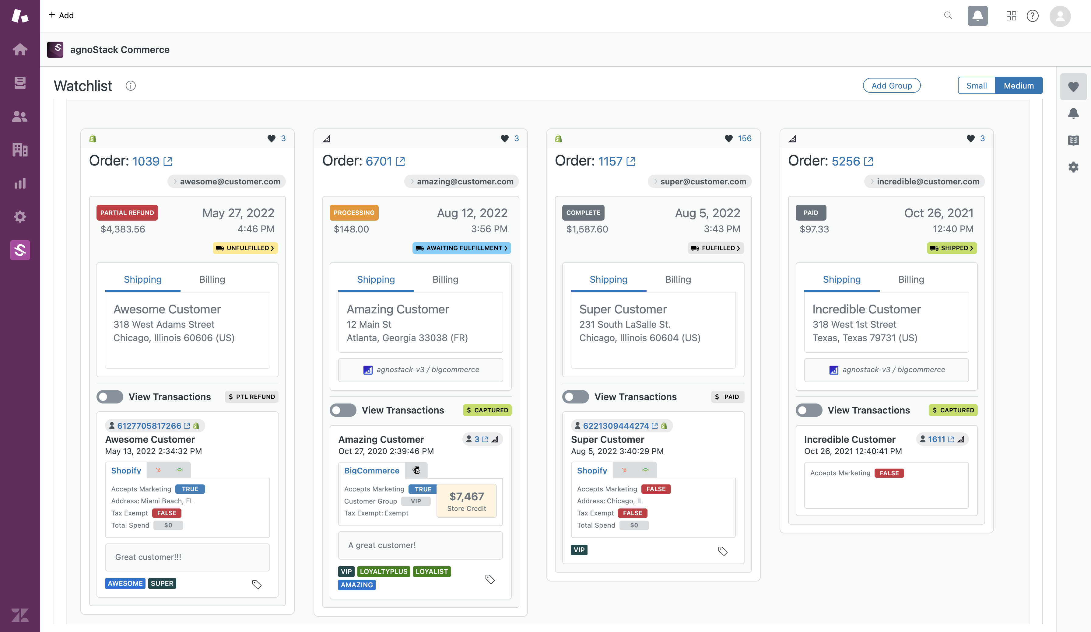 Zendesk Commerce by agnoStack - Watchlist User Interface